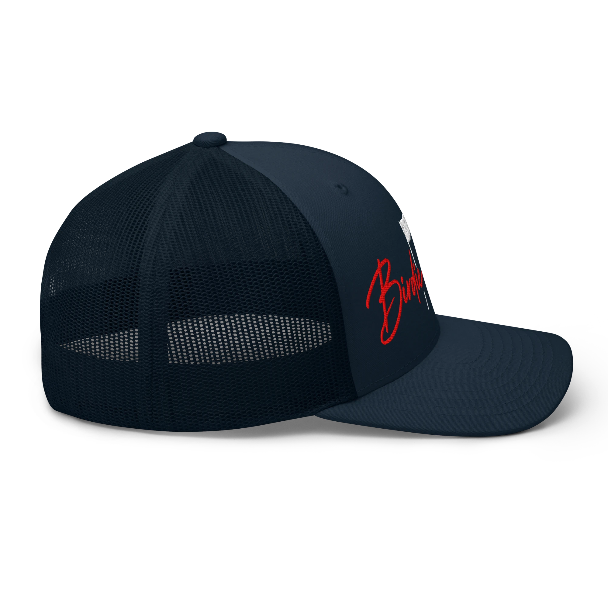 Birdie National navy blue trucker hat with breathable mesh back and red embroidered logo on the side profile
