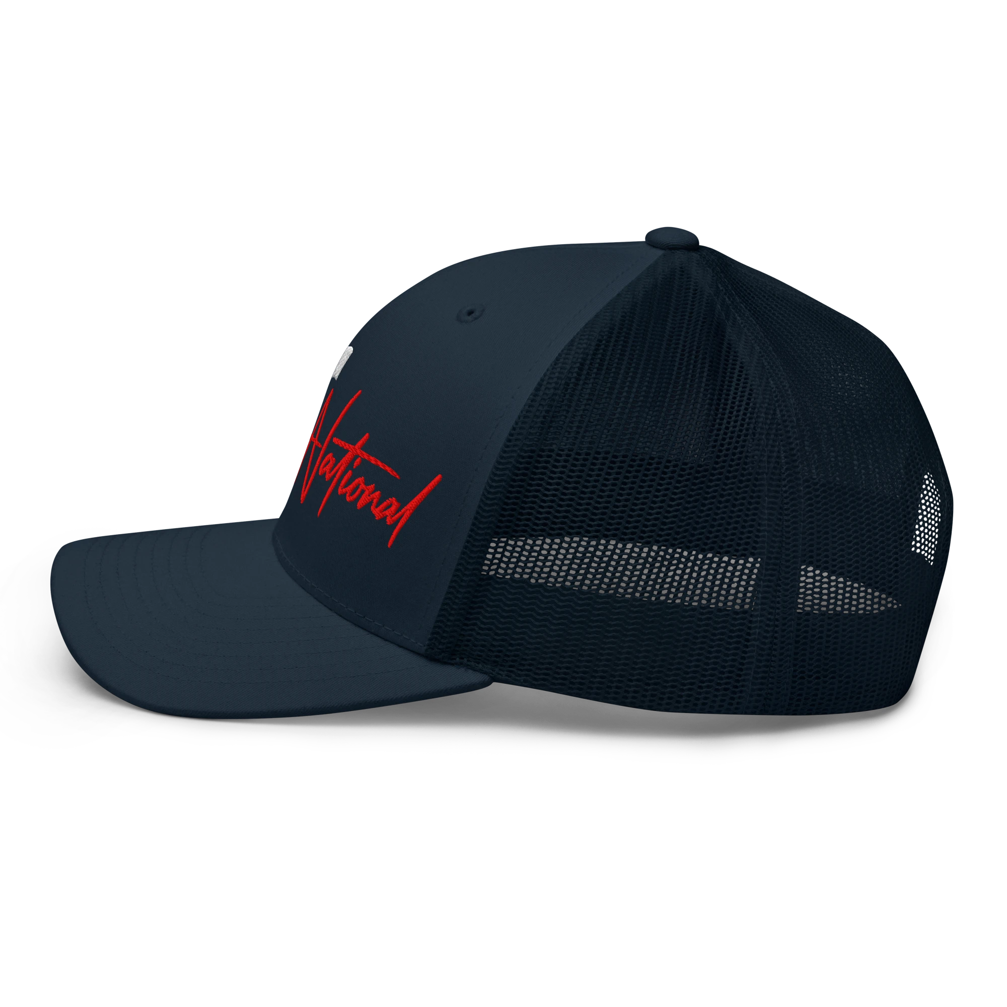 Birdie National navy trucker hat with mesh back and red embroidered logo, side profile view.