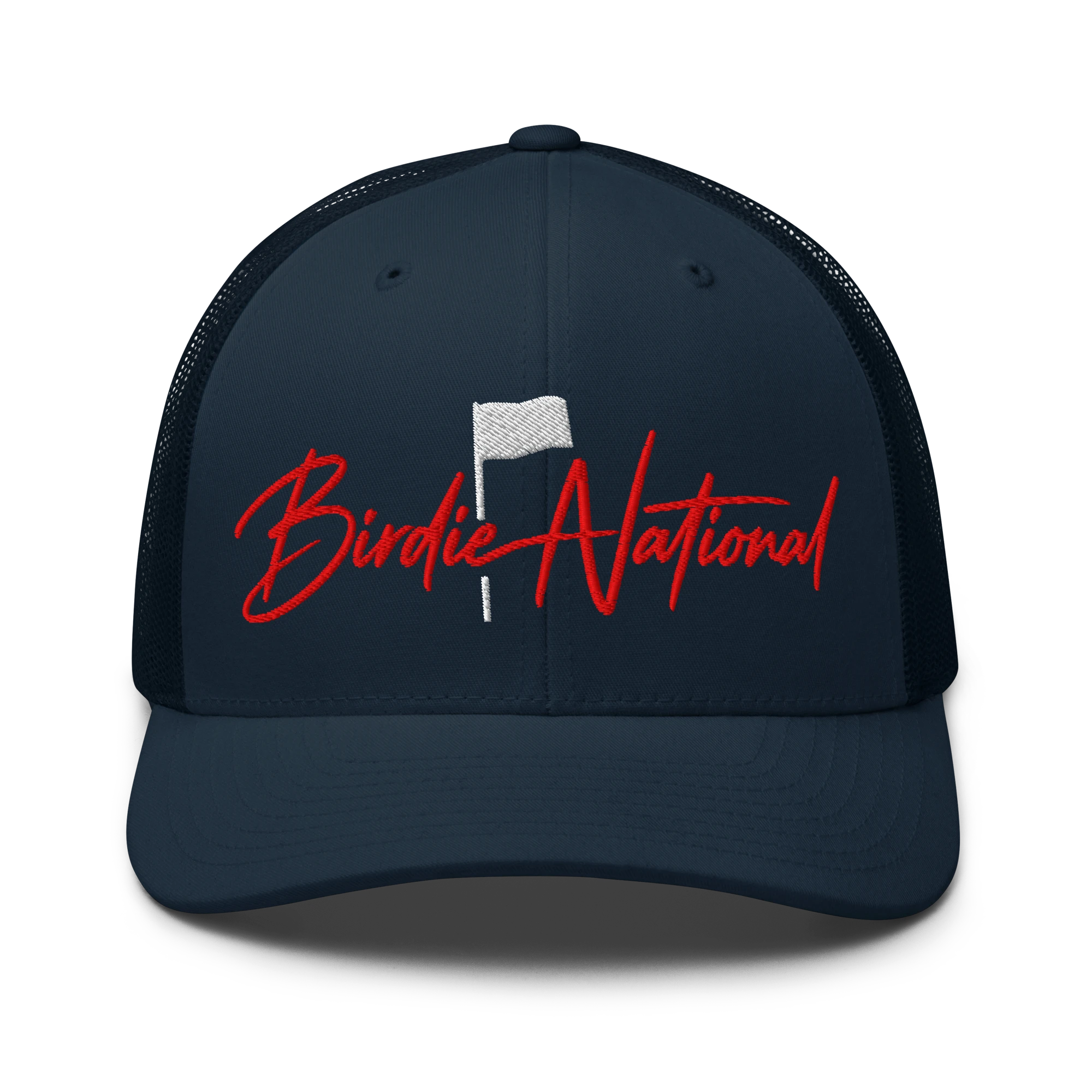 Birdie National navy blue trucker hat with breathable mesh back and red embroidered logo on the front panel.