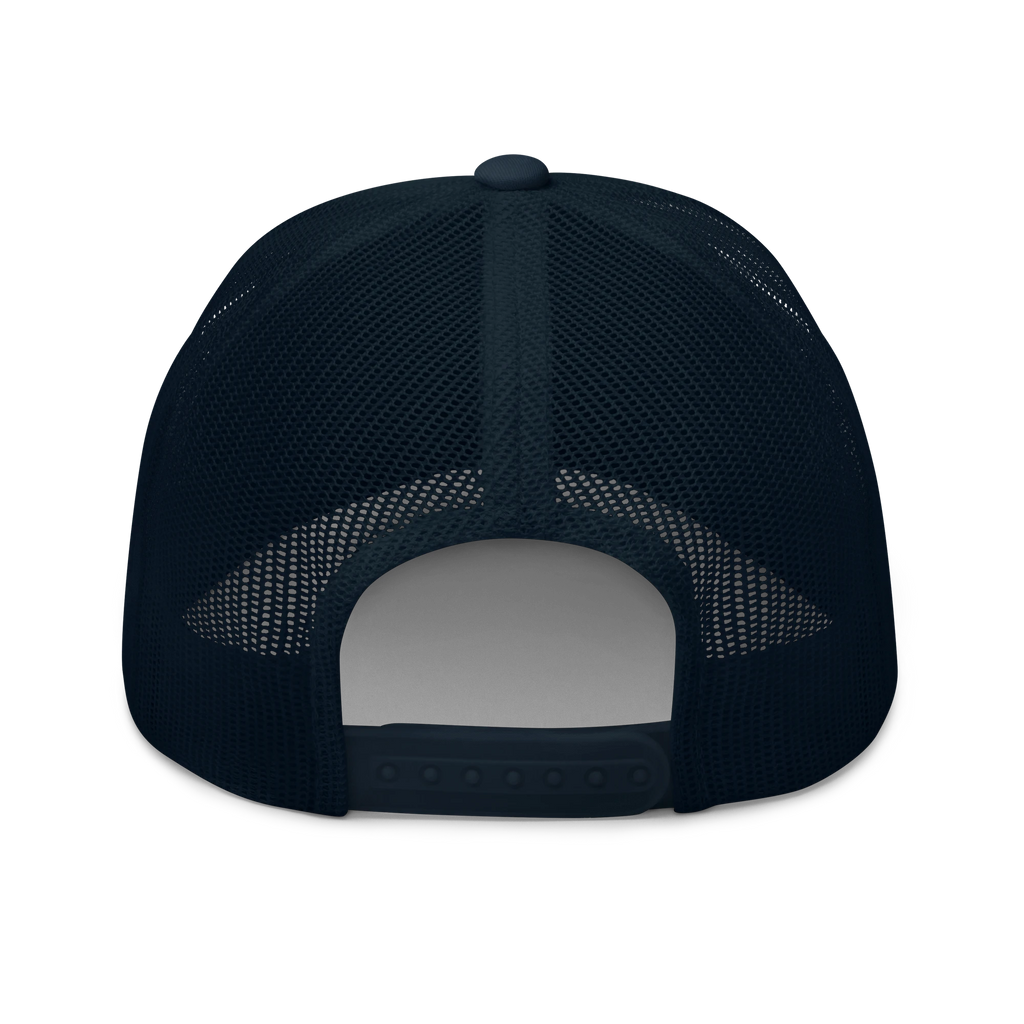 Birdie National navy blue trucker hat with breathable mesh back and adjustable snapback closure