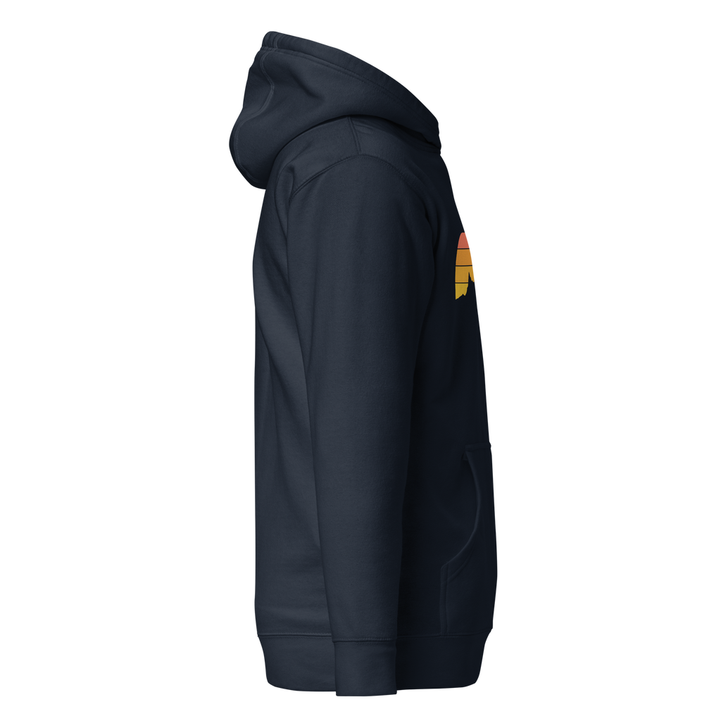 Birdie National navy pullover hoodie with a retro mountain sunset graphic, featuring a drawstring hood and pocket.