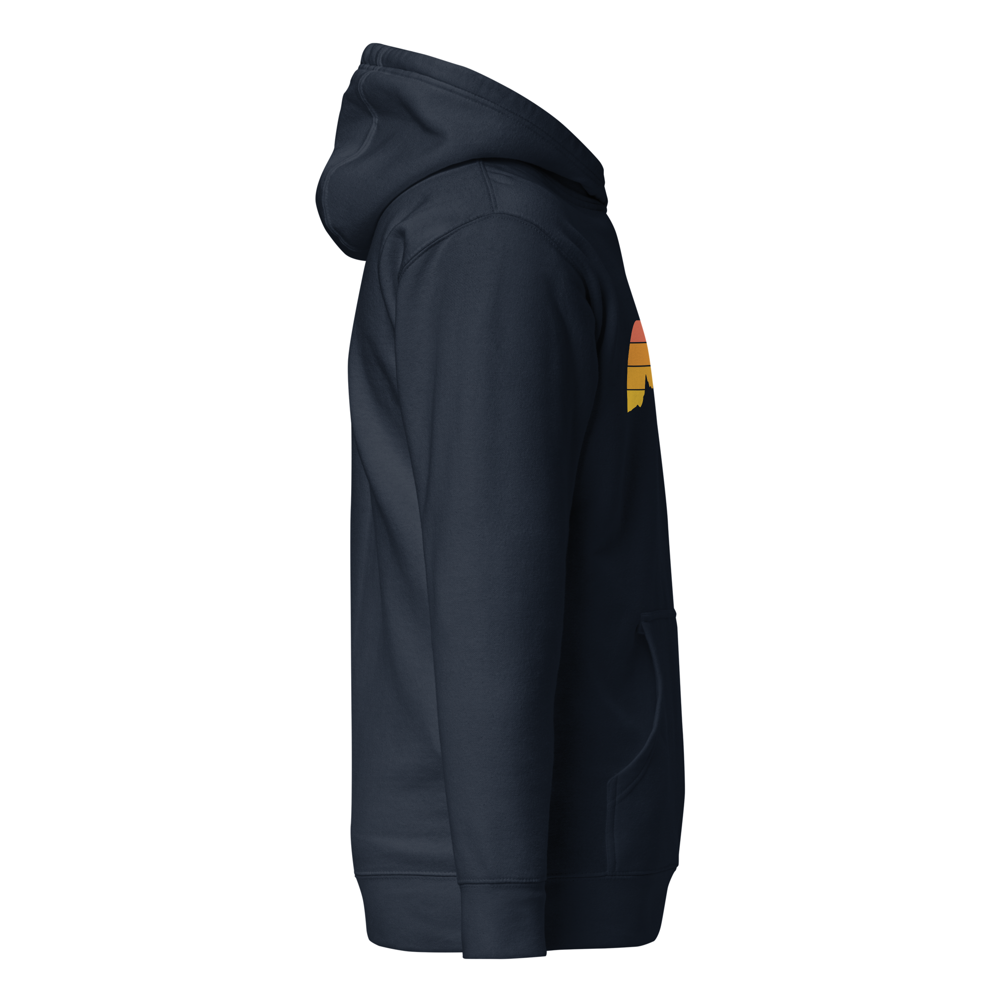 Birdie National navy pullover hoodie with a retro mountain sunset graphic, featuring a drawstring hood and pocket.