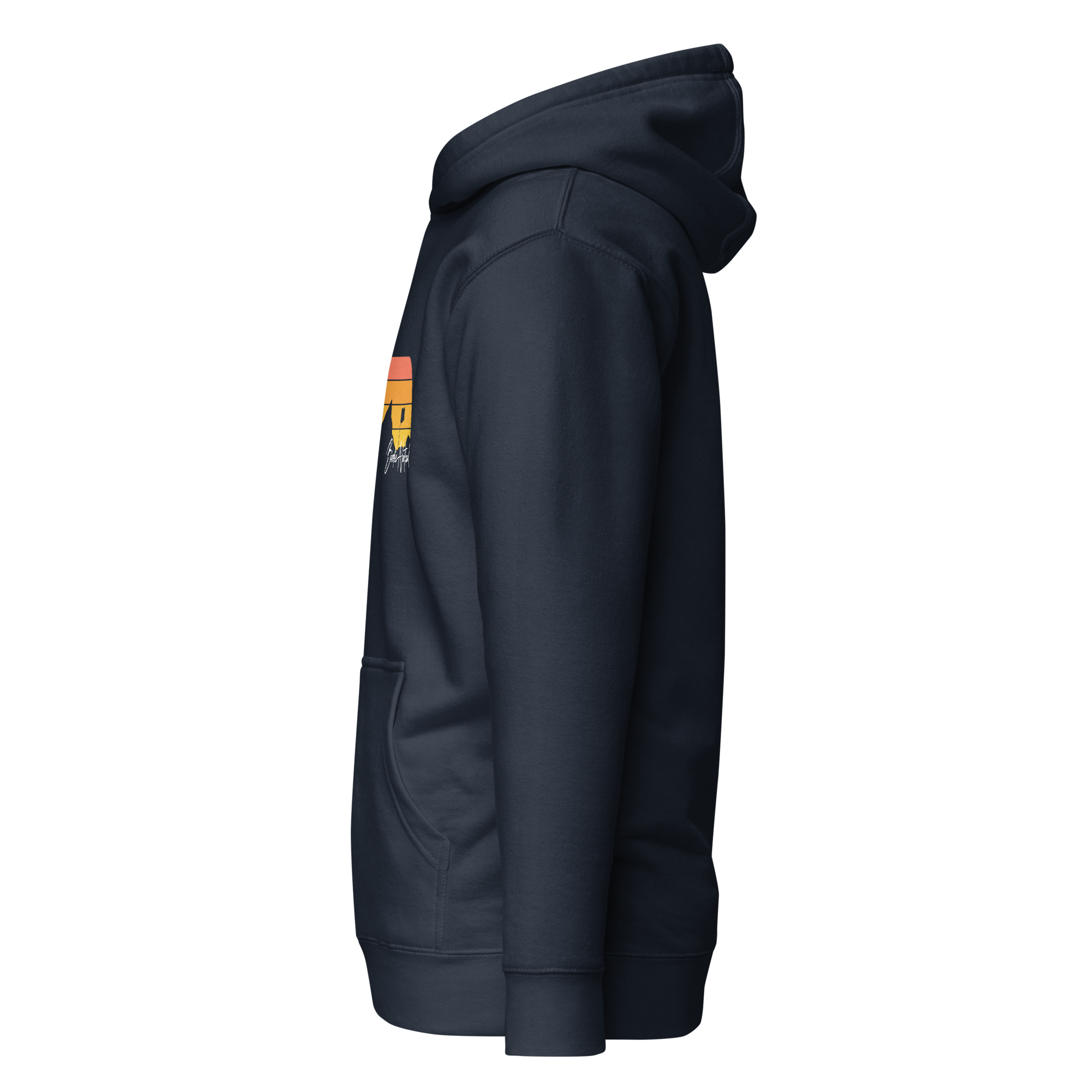 Birdie National navy pullover hoodie with a retro mountain sunset graphic, side view showing kangaroo pocket.
