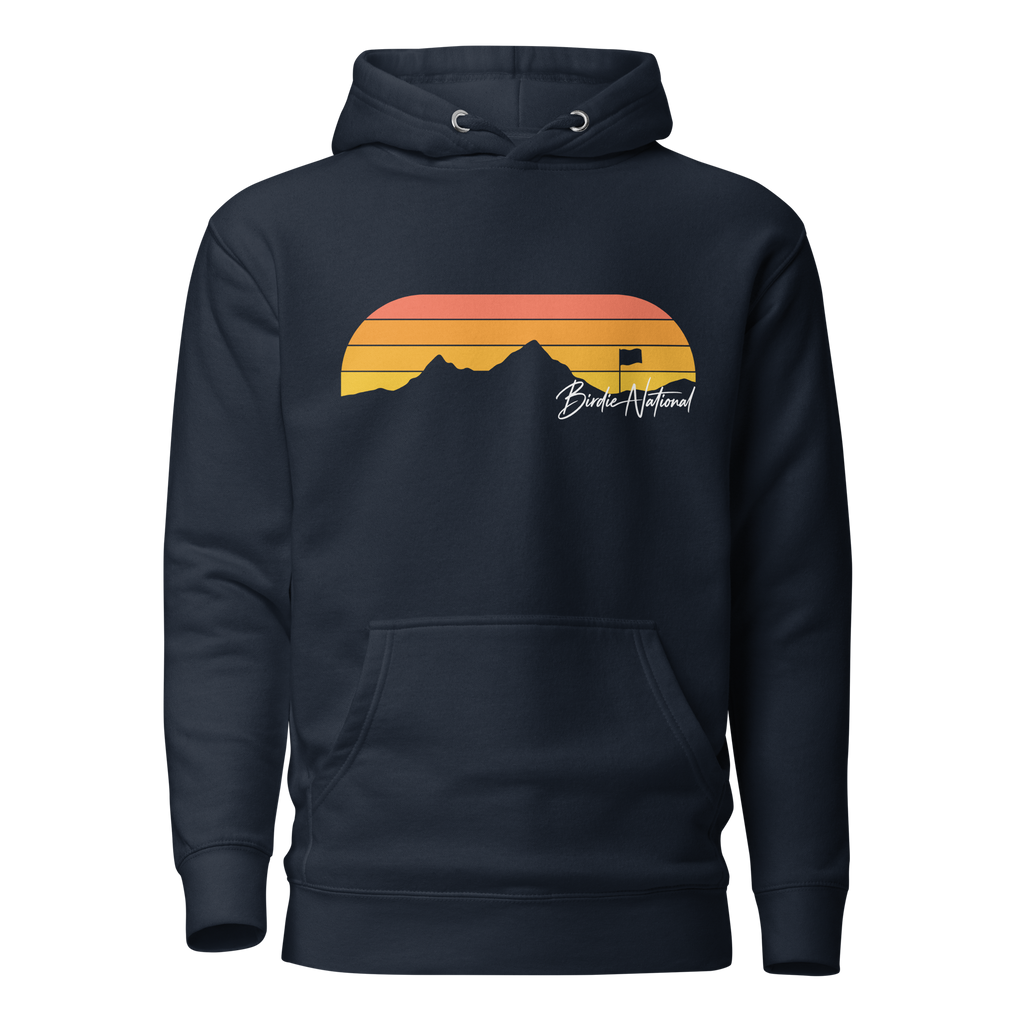 Birdie National navy pullover hoodie with a retro sunset and mountain graphic featuring a golf flag on the front.