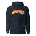 Birdie National navy pullover hoodie with a retro sunset and mountain graphic featuring a golf flag on the front.