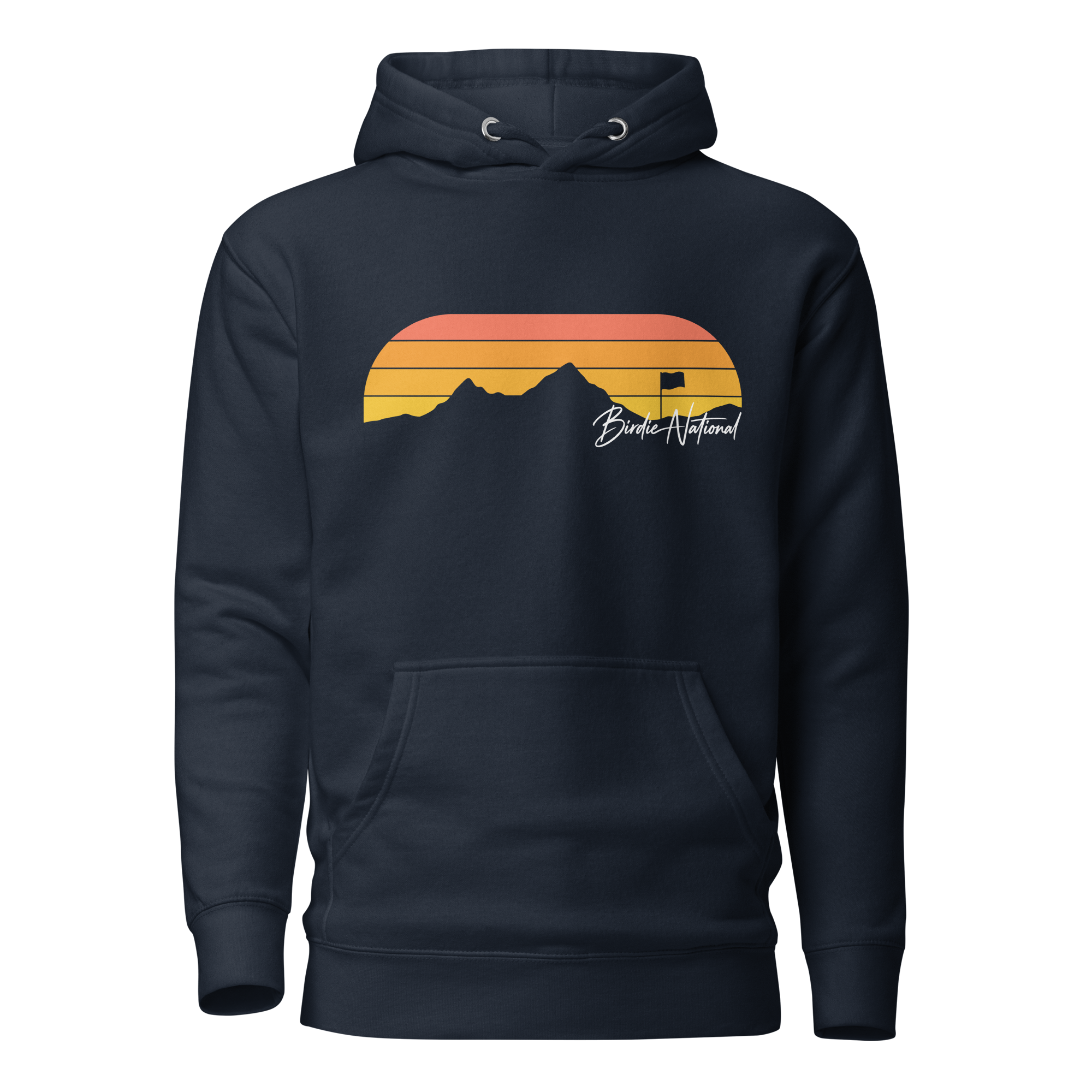 Birdie National navy pullover hoodie with a retro sunset and mountain graphic featuring a golf flag on the front.