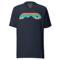 Birdie National navy crew neck t-shirt featuring a retro mountain sunset graphic with a golf flag detail.