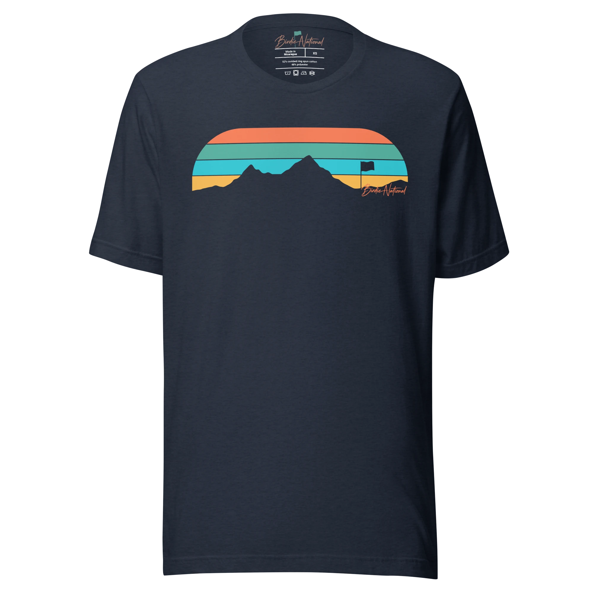 Birdie National navy crew neck t-shirt featuring a retro mountain sunset graphic with a golf flag detail.