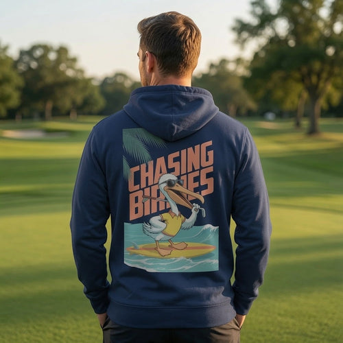 Birdie National navy hoodie with a back graphic of a surfing pelican wearing sunglasses on a golf course