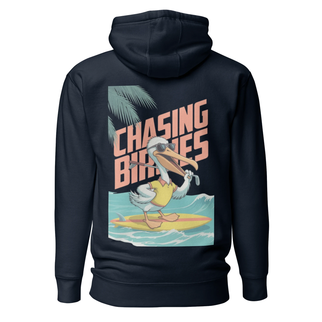Birdie National navy hoodie featuring a back graphic of a surfing pelican with a golf club and Chasing Birdies text.