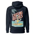 Birdie National navy hoodie featuring a back graphic of a surfing pelican with a golf club and Chasing Birdies text.