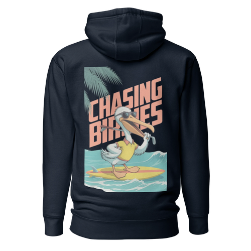 Birdie National navy hoodie featuring a back graphic of a surfing pelican with a golf club and Chasing Birdies text.