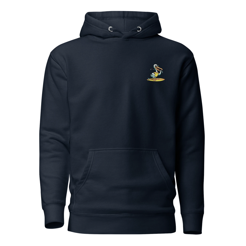 Birdie National navy hoodie featuring a small surfing pelican graphic on the chest and a front kangaroo pocket.