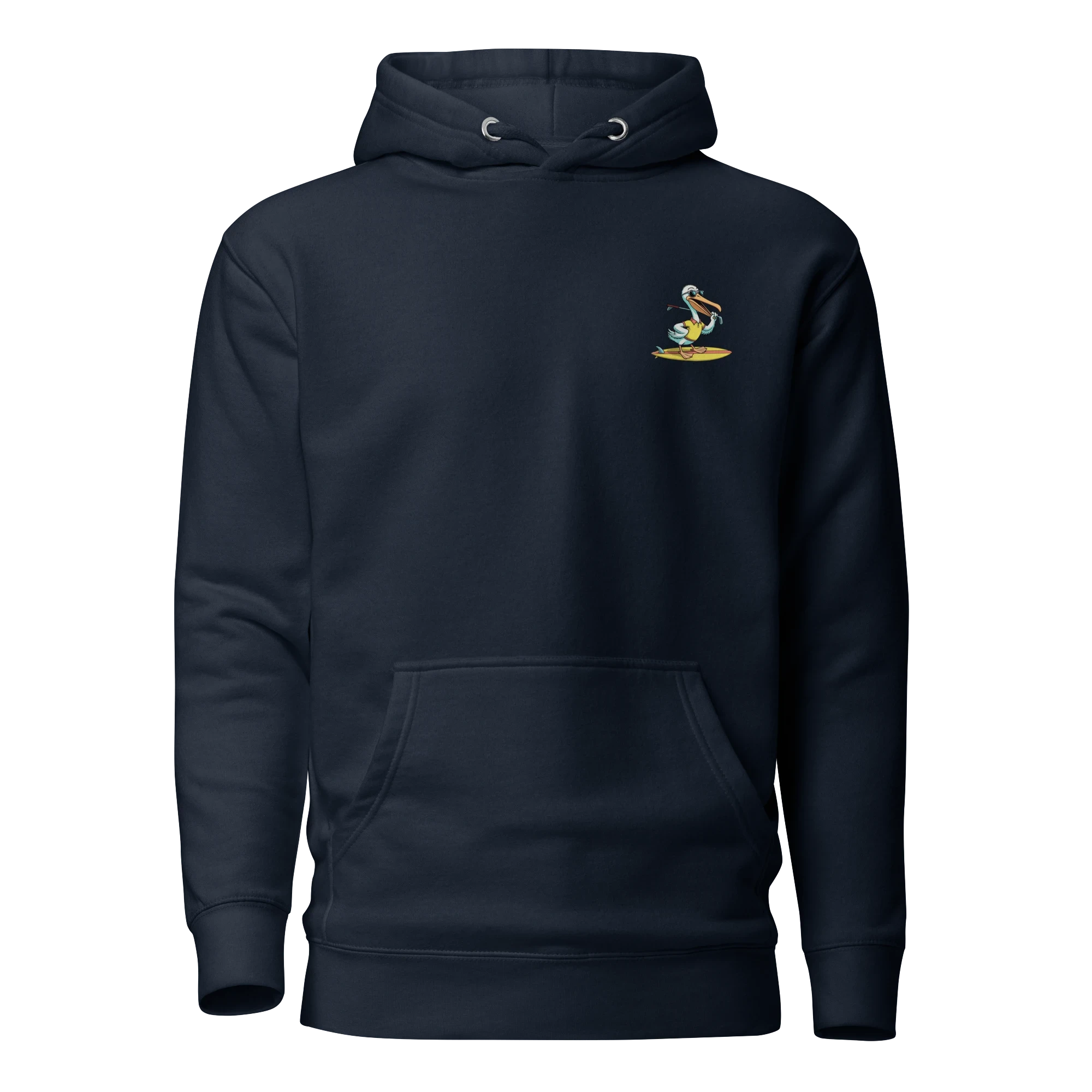 Birdie National navy hoodie featuring a small surfing pelican graphic on the chest and a front kangaroo pocket.