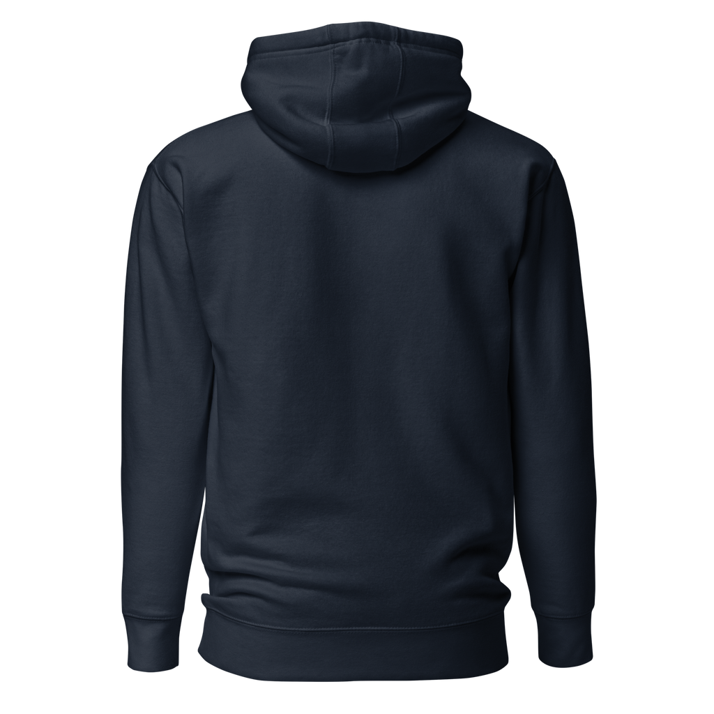 Birdie National navy blue unisex pullover hoodie, back view showing drawstring hood and ribbed hem