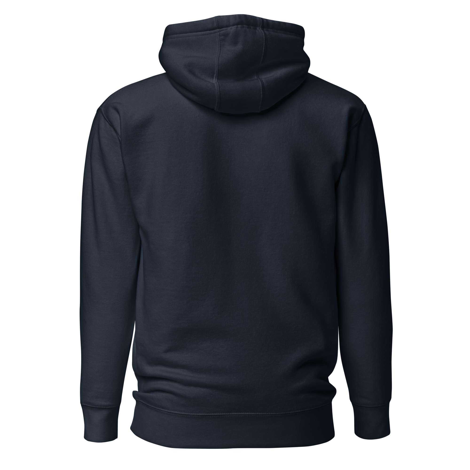Birdie National navy blue unisex pullover hoodie, back view showing drawstring hood and ribbed hem