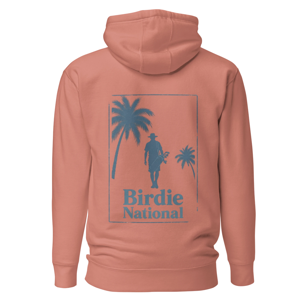 Birdie National pullover hoodie in sunset peach with a vintage-inspired blue golf graphic on the back