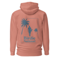 Birdie National pullover hoodie in sunset peach with a vintage-inspired blue golf graphic on the back
