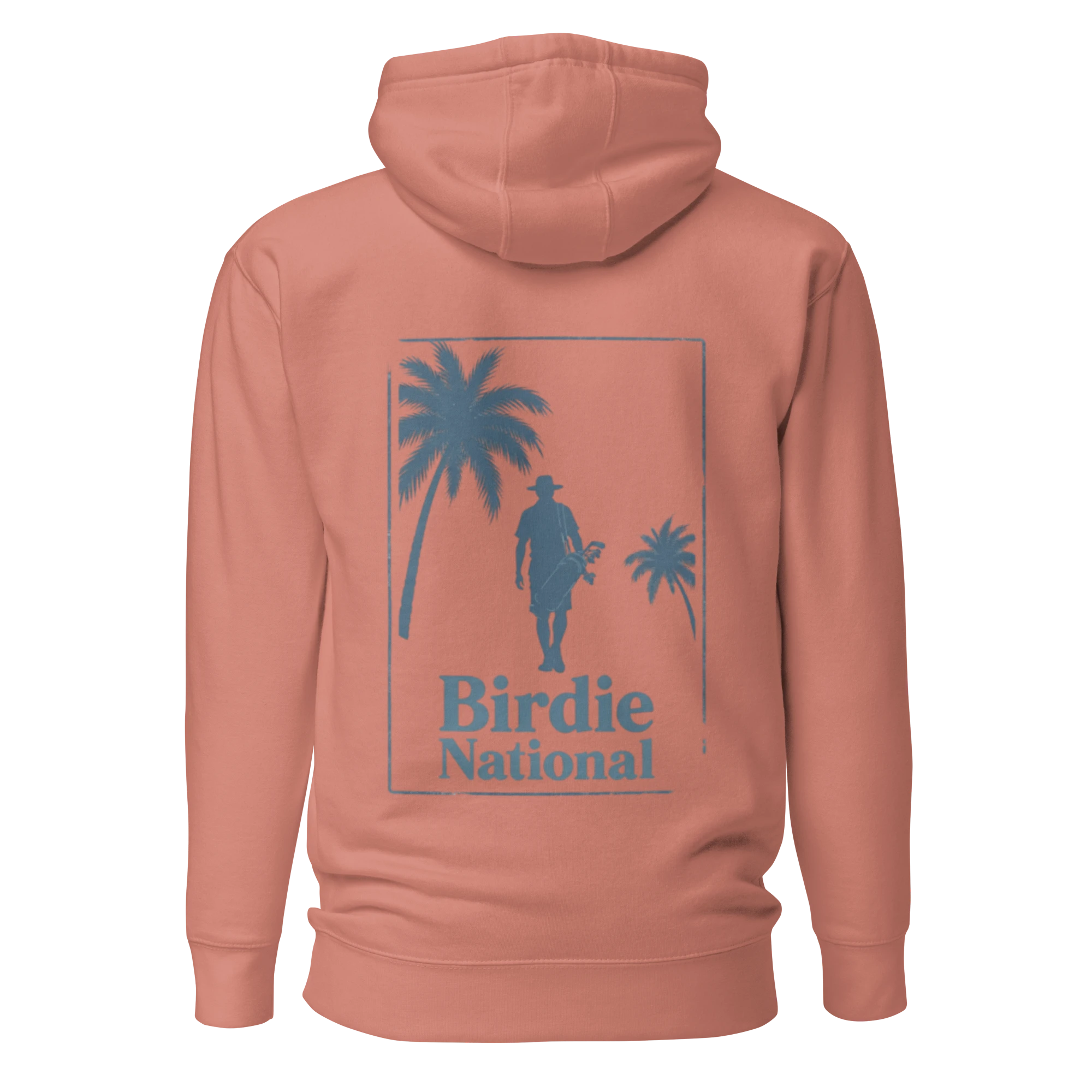Birdie National pullover hoodie in sunset peach with a vintage-inspired blue golf graphic on the back