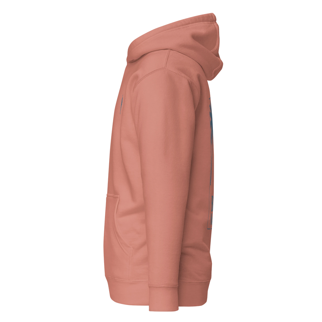 Birdie National graphic pullover hoodie in sunset pink with a side view showing the kangaroo pocket and hood