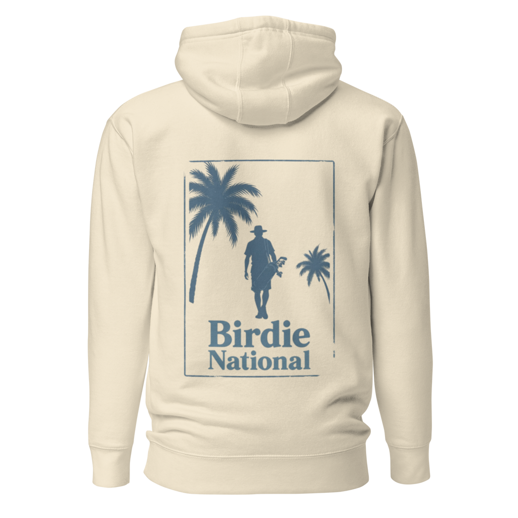 Birdie National sand-colored unisex hoodie featuring a blue coastal golf graphic on the back with palm trees.
