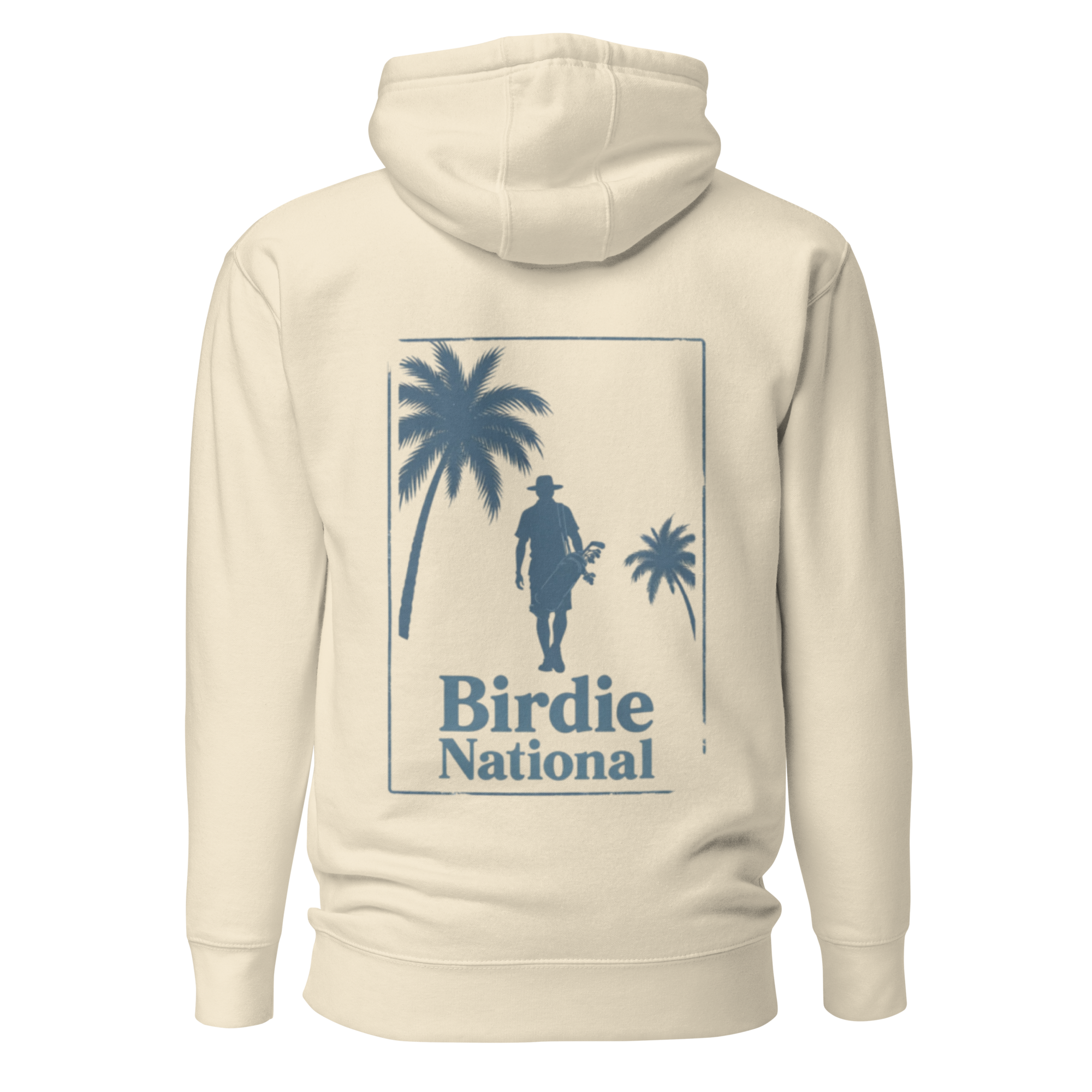 Birdie National sand-colored unisex hoodie featuring a blue coastal golf graphic on the back with palm trees.
