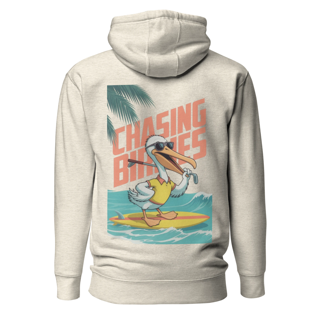 Birdie National sand-colored hoodie featuring a back graphic of a pelican surfing with a golf club.
