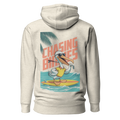 Birdie National sand-colored hoodie featuring a back graphic of a pelican surfing with a golf club.