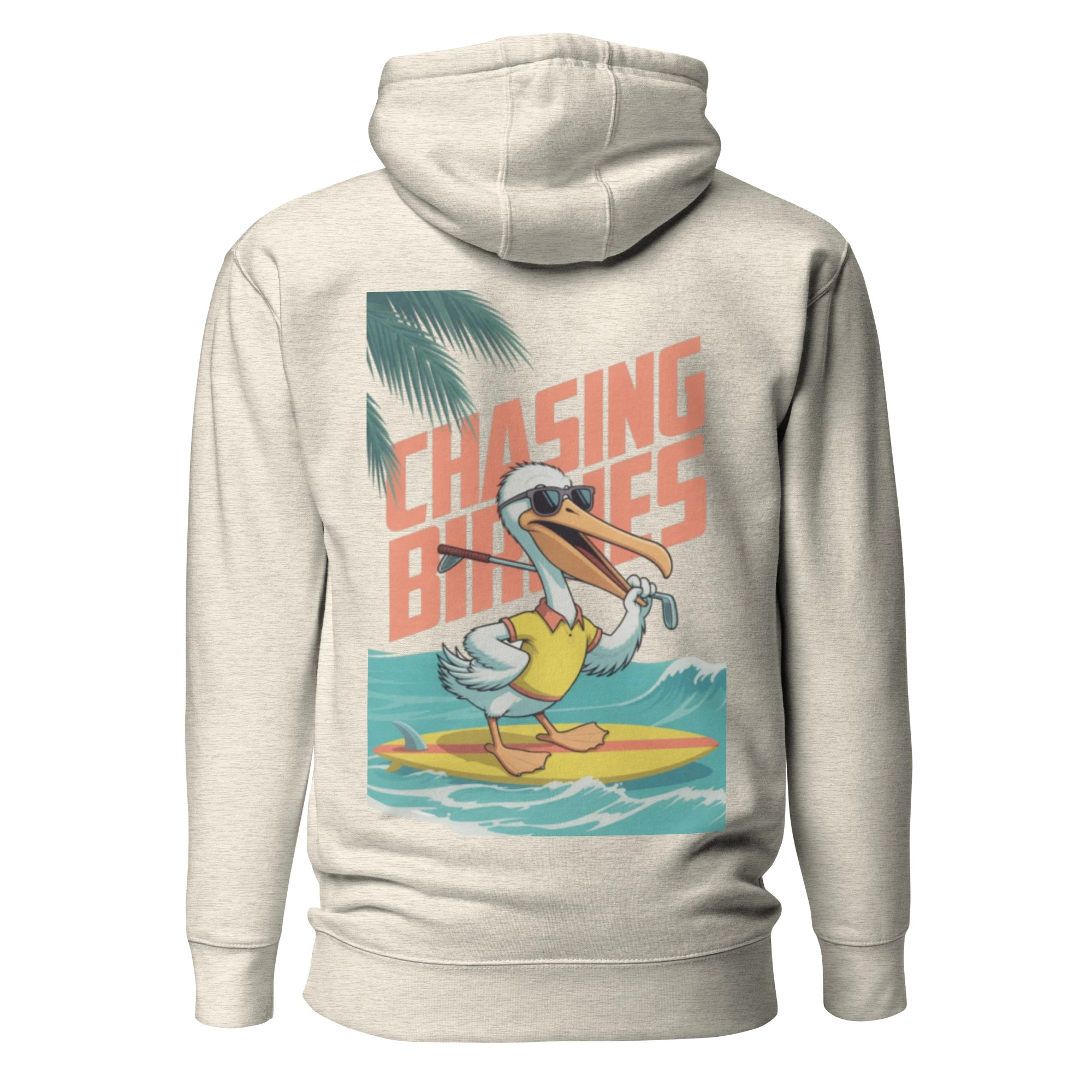 Birdie National sand-colored hoodie featuring a back graphic of a pelican surfing with a golf club.