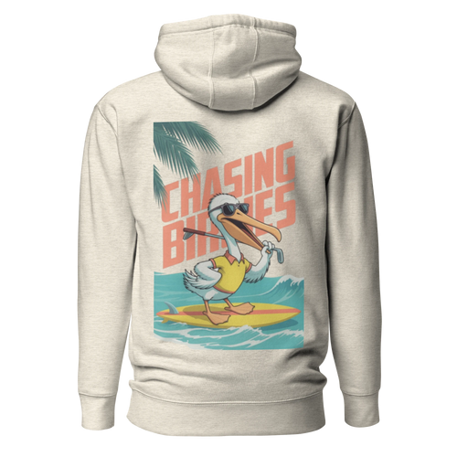 Birdie National sand-colored hoodie featuring a back graphic of a pelican surfing with a golf club.