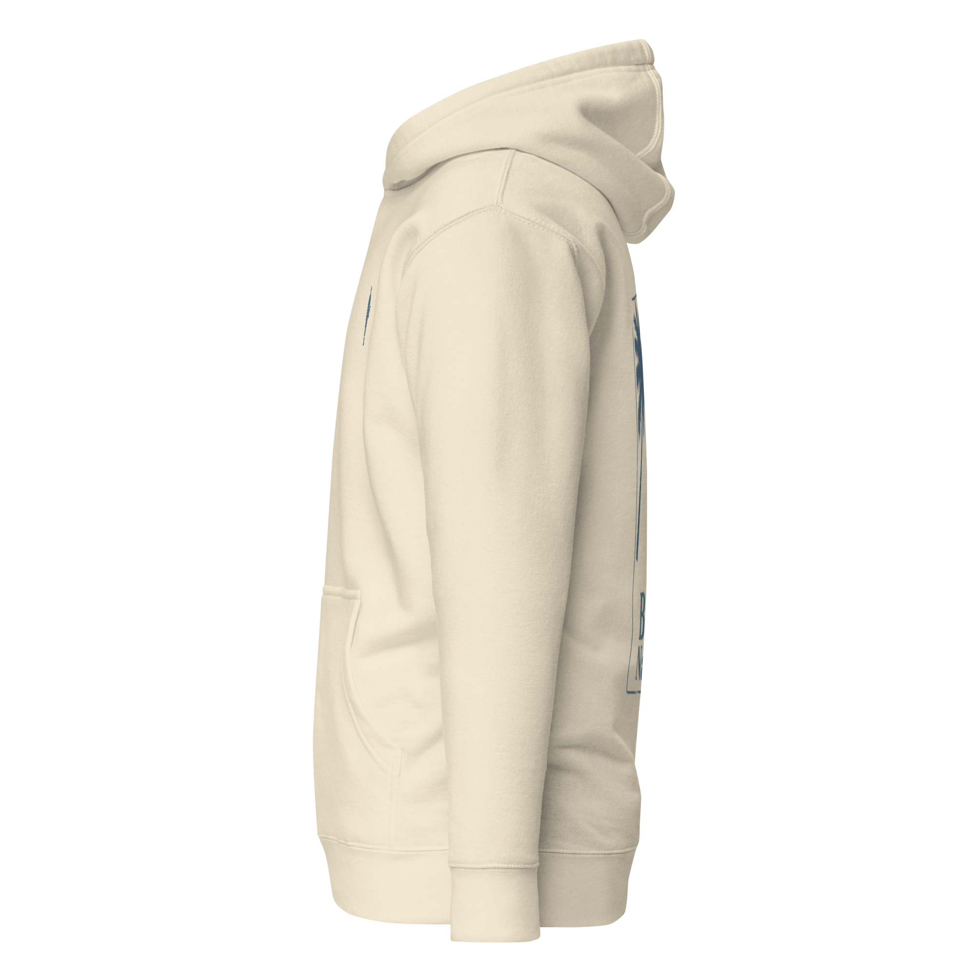 Birdie National sand-colored unisex pullover hoodie with a side view showing the back graphic and kangaroo pocket.