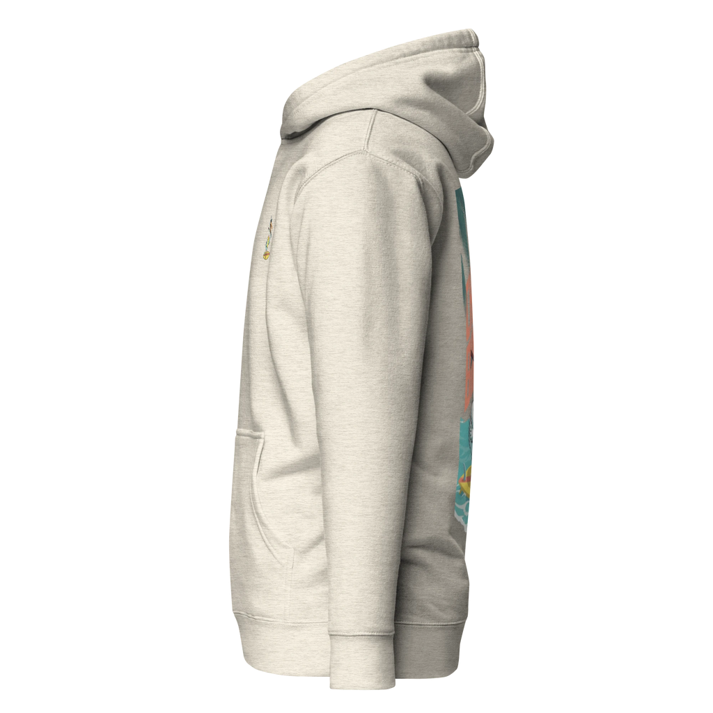 Birdie National sand-colored hoodie with a surfing pelican graphic on the back and a small logo on the chest.