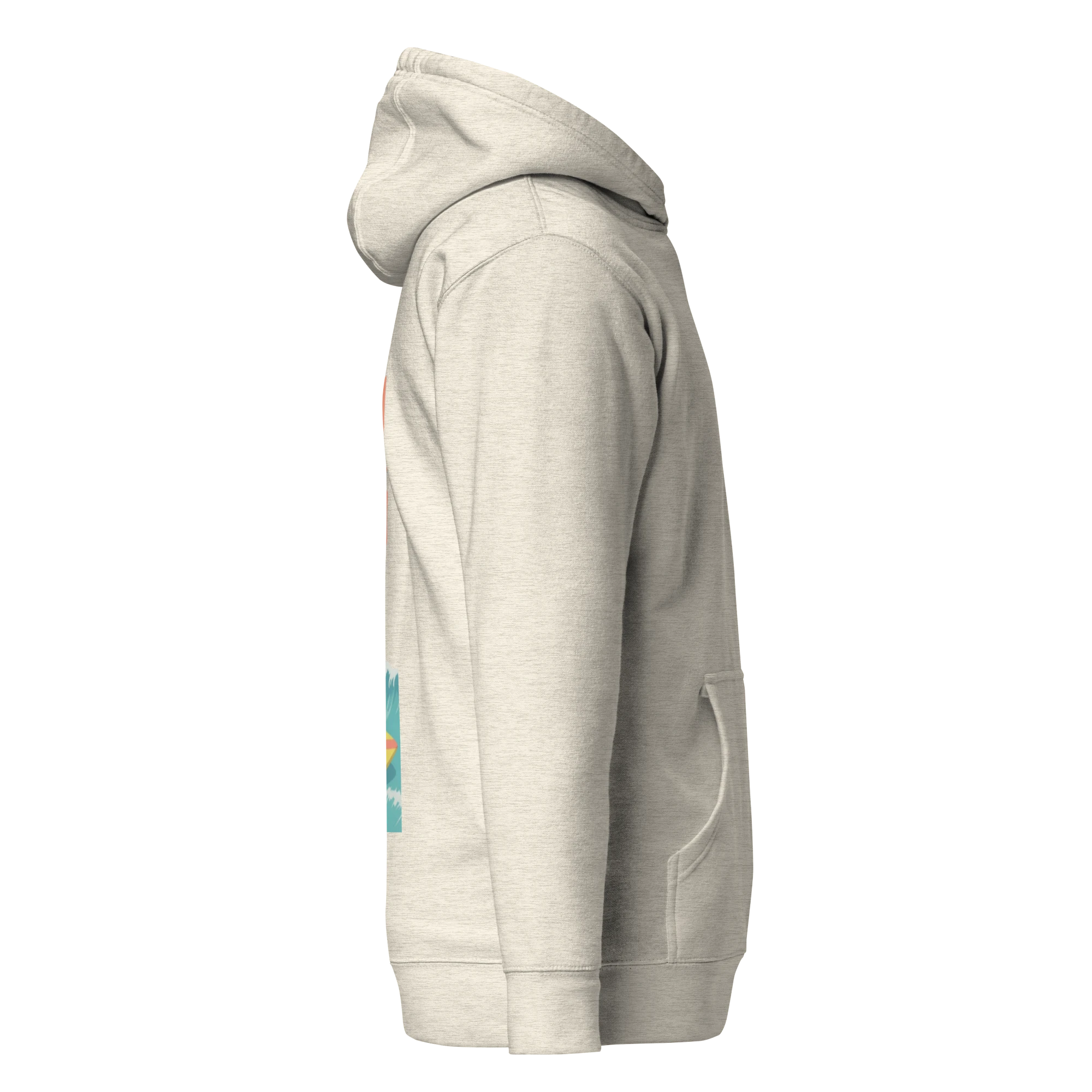 Birdie National sand-colored graphic hoodie with a side view showing the kangaroo pocket and coastal pelican design.