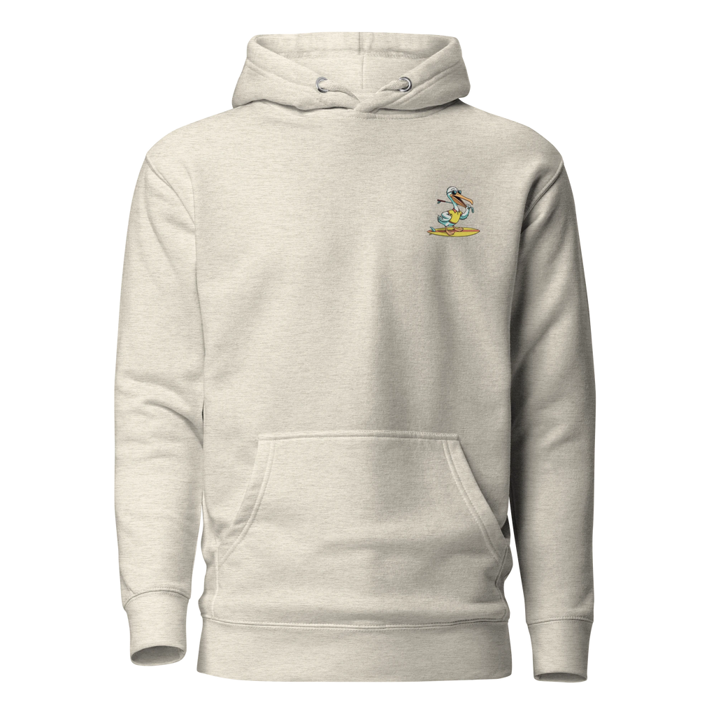 Birdie National sand-colored hoodie featuring a small pelican graphic on the chest, kangaroo pocket, and drawstring hood.