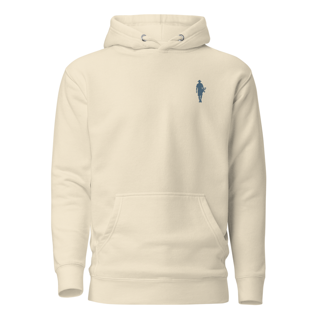 Birdie National sand-colored unisex pullover hoodie with a small blue golfer logo on the chest and kangaroo pocket.