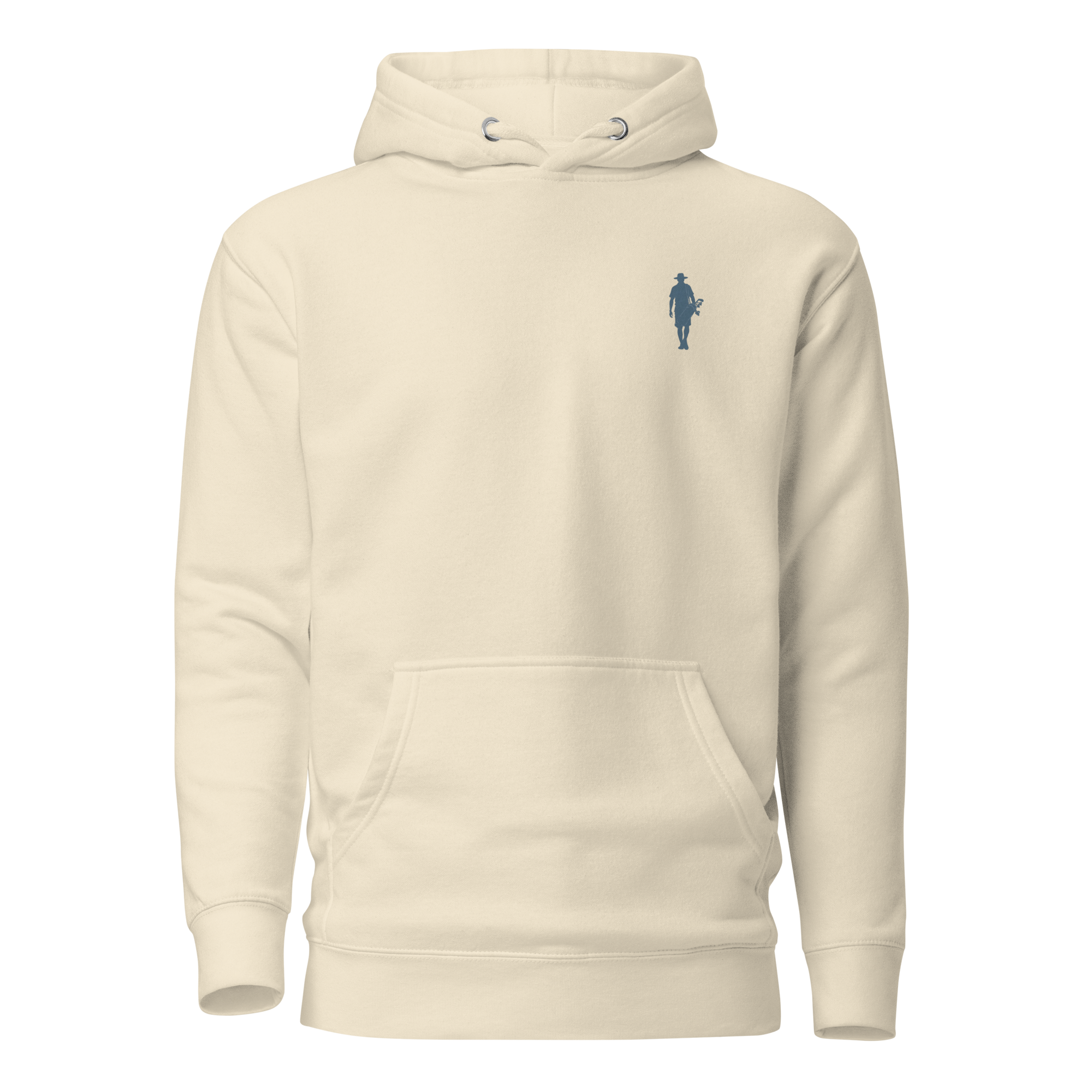 Birdie National sand-colored unisex pullover hoodie with a small blue golfer logo on the chest and kangaroo pocket.