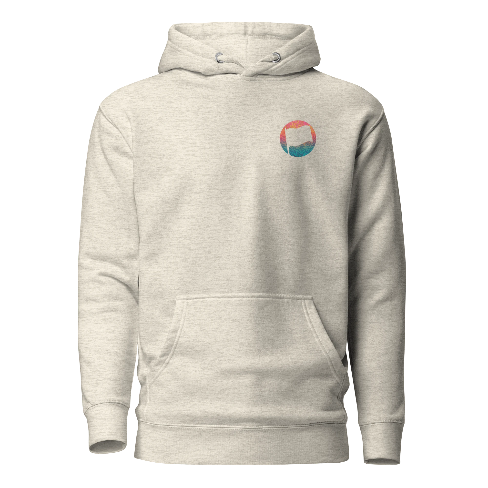 Birdie National unisex hoodie in heather sand with a small circular flag logo on the chest and front pouch pocket.