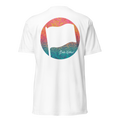 Birdie National white crew neck t-shirt featuring a back graphic of a flag over a colorful botanical circle print.