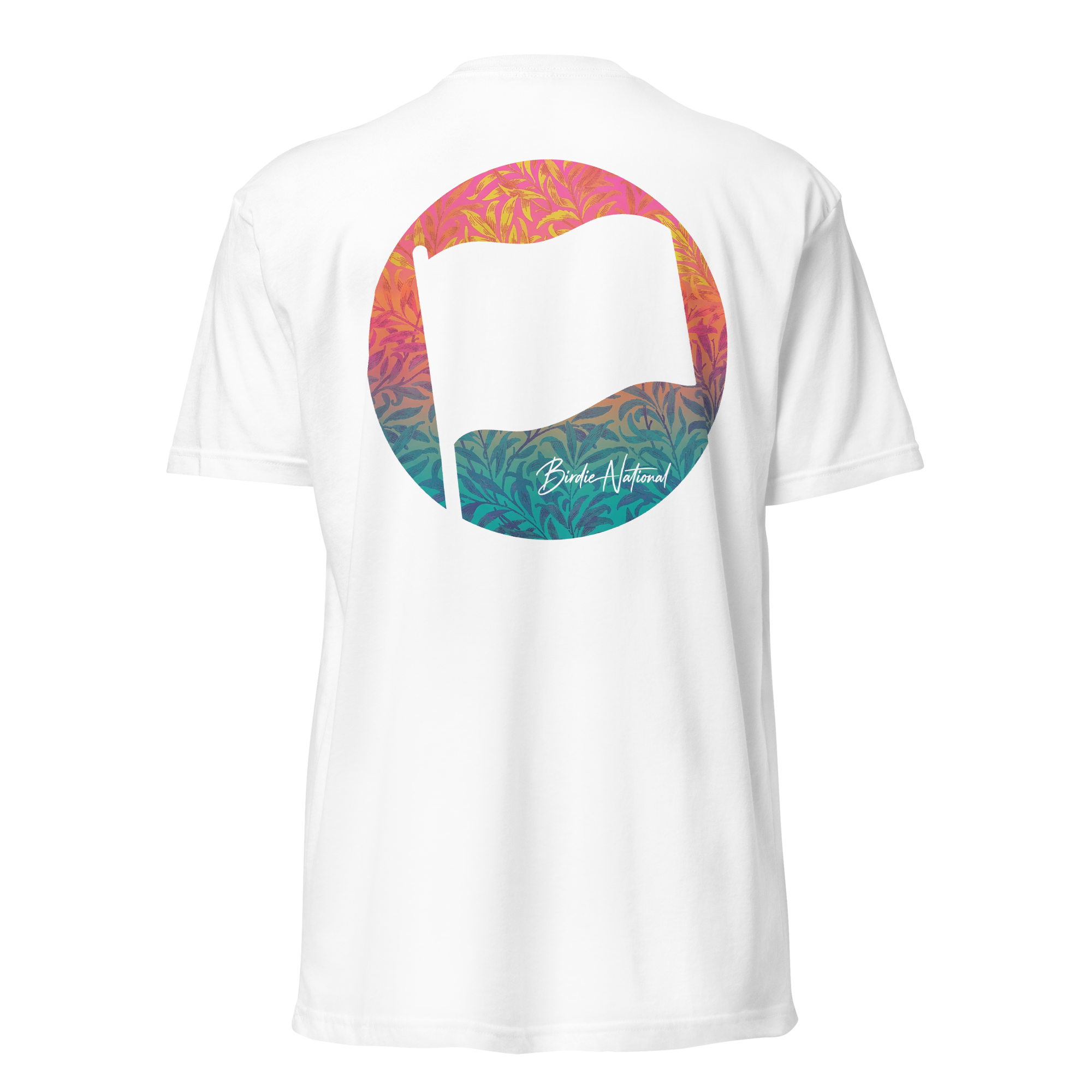 Birdie National white crew neck t-shirt featuring a back graphic of a flag over a colorful botanical circle print.