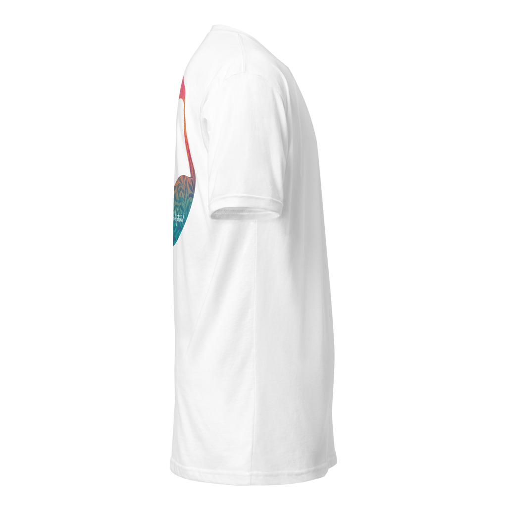 Birdie National white unisex fitted crew neck t-shirt with a colorful graphic print on the side, side profile view.