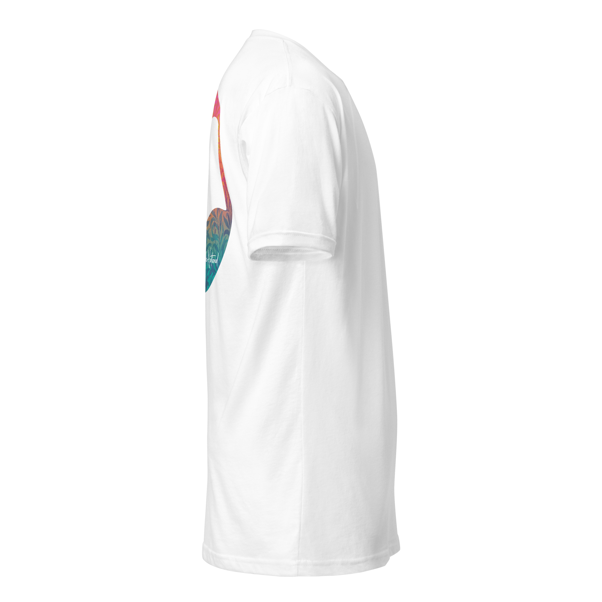 Birdie National white unisex fitted crew neck t-shirt with a colorful graphic print on the side, side profile view.