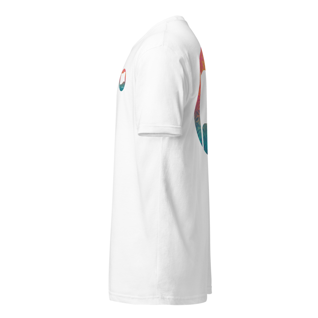 Birdie National white fitted crew neck t-shirt with a colorful graphic design, side view