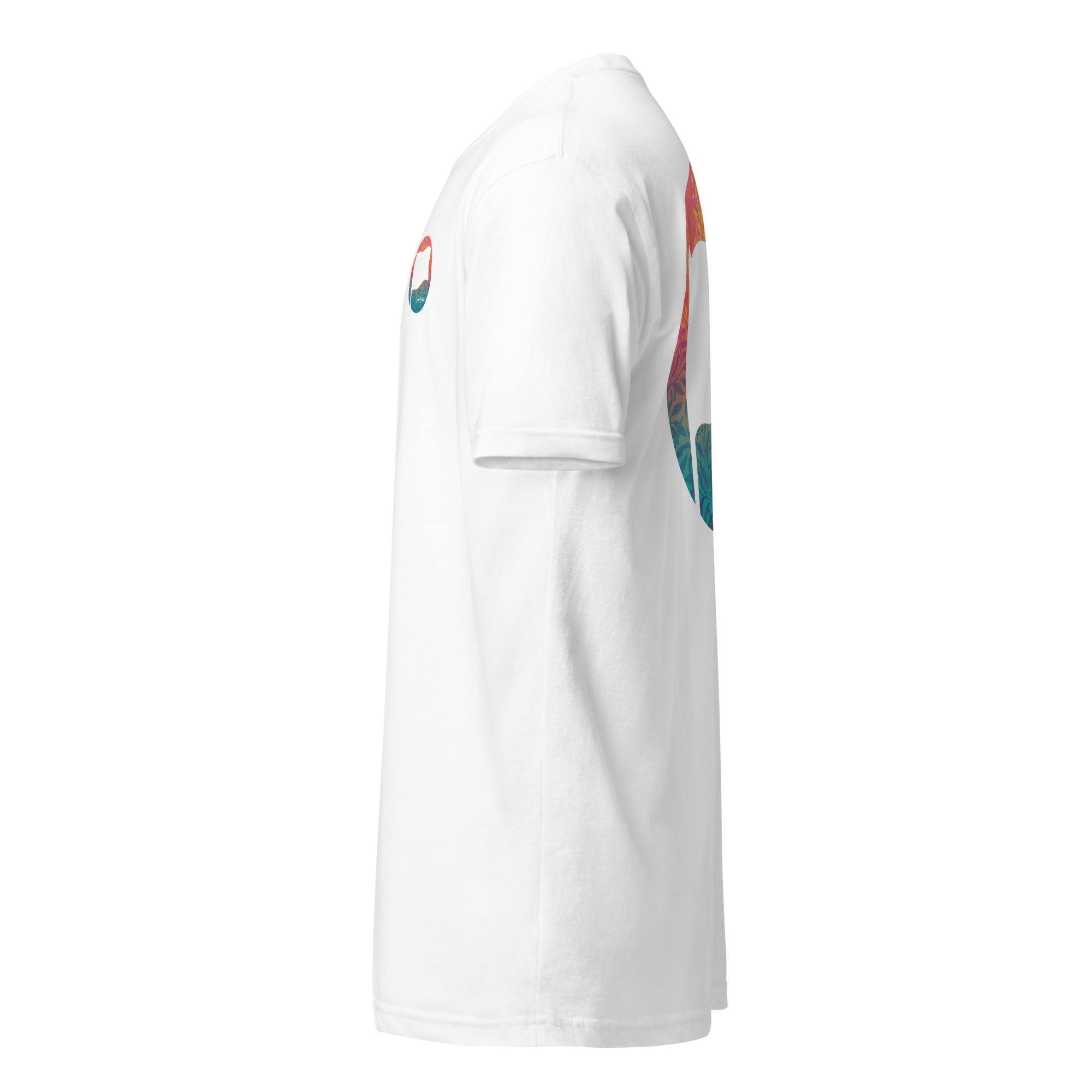 Birdie National white fitted crew neck t-shirt with a colorful graphic design, side view