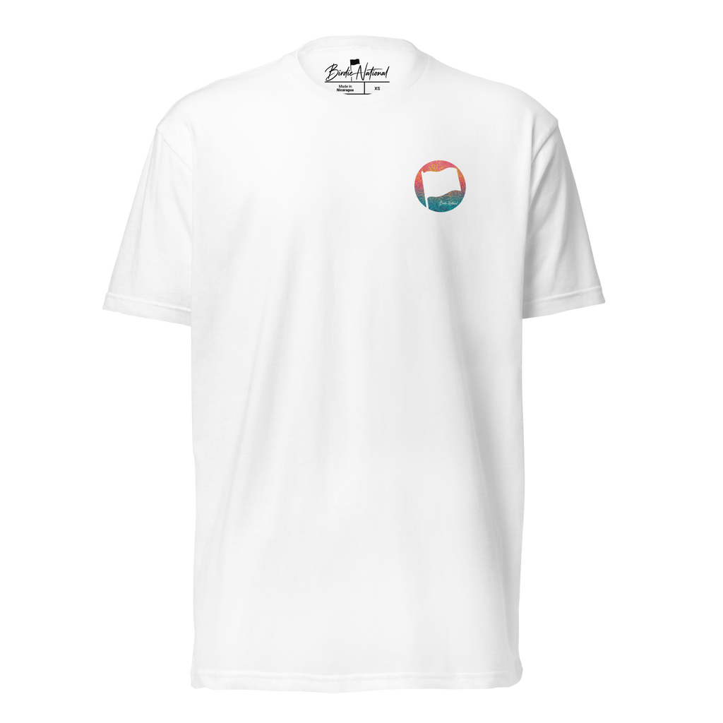 Birdie National white crew neck t-shirt with a small circular golf flag logo on the chest in a cotton-poly blend.