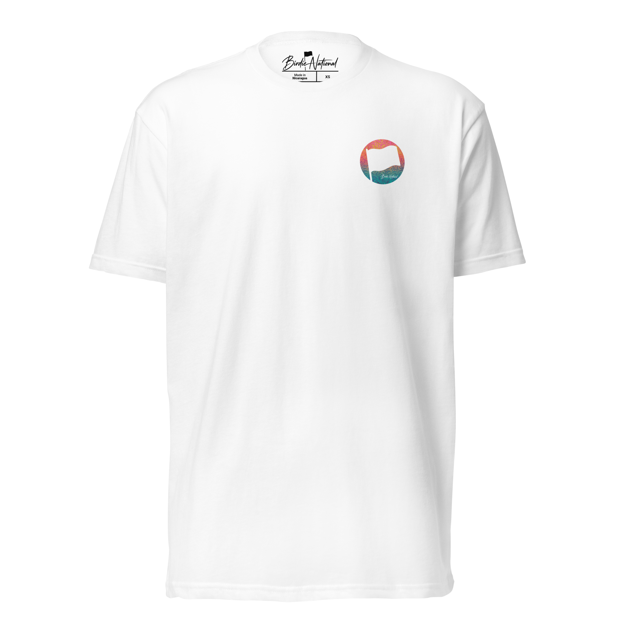 Birdie National white crew neck t-shirt with a small circular golf flag logo on the chest in a cotton-poly blend.