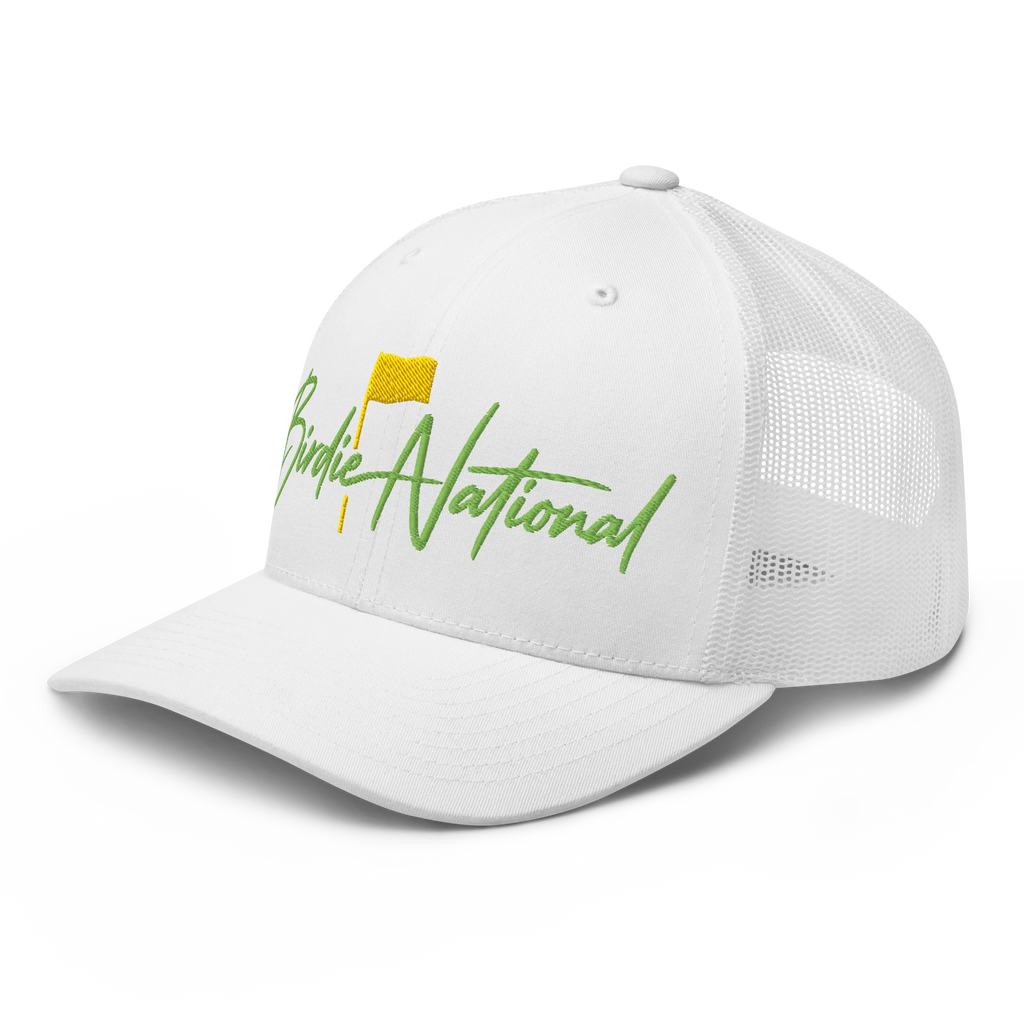 Birdie National white trucker hat with breathable mesh back and green and yellow embroidered golf flag logo
