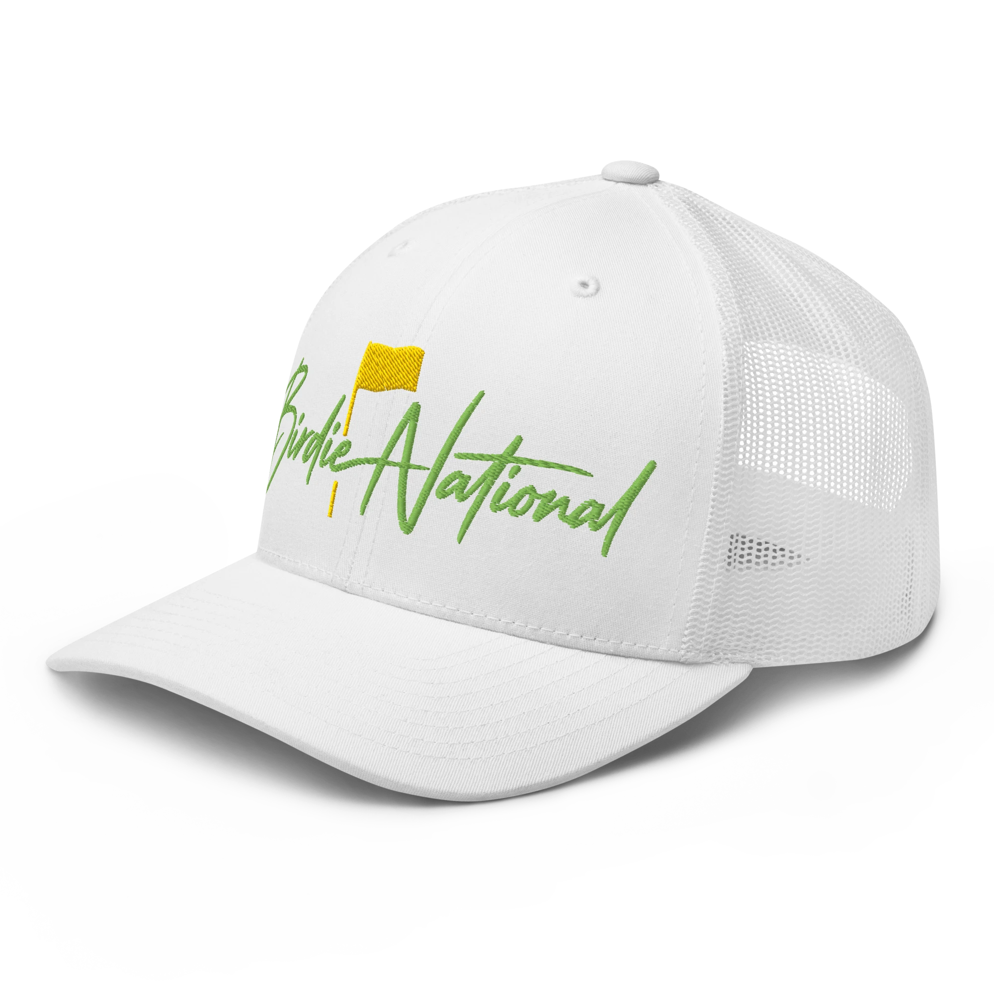 Birdie National white trucker hat with breathable mesh back and green and yellow embroidered golf flag logo