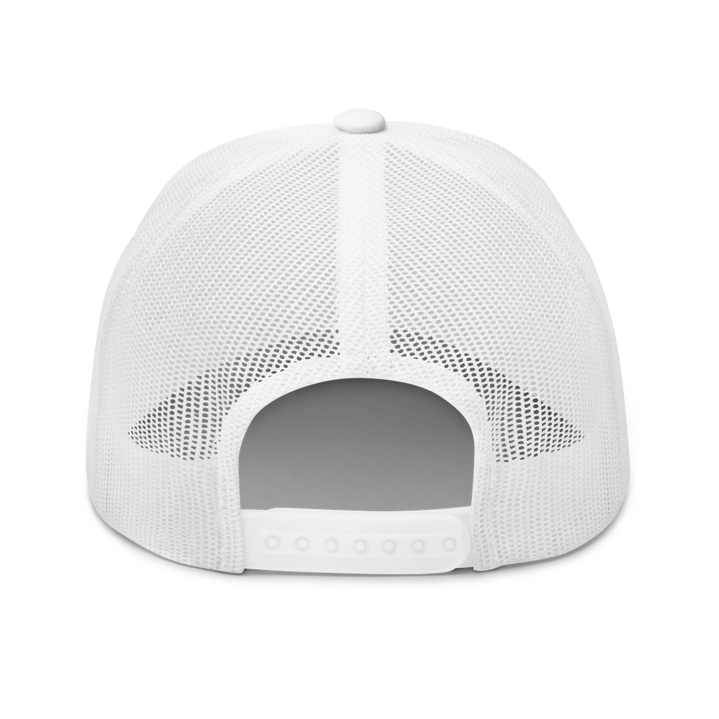 Birdie National white trucker hat featuring a breathable mesh back and adjustable snapback closure.
