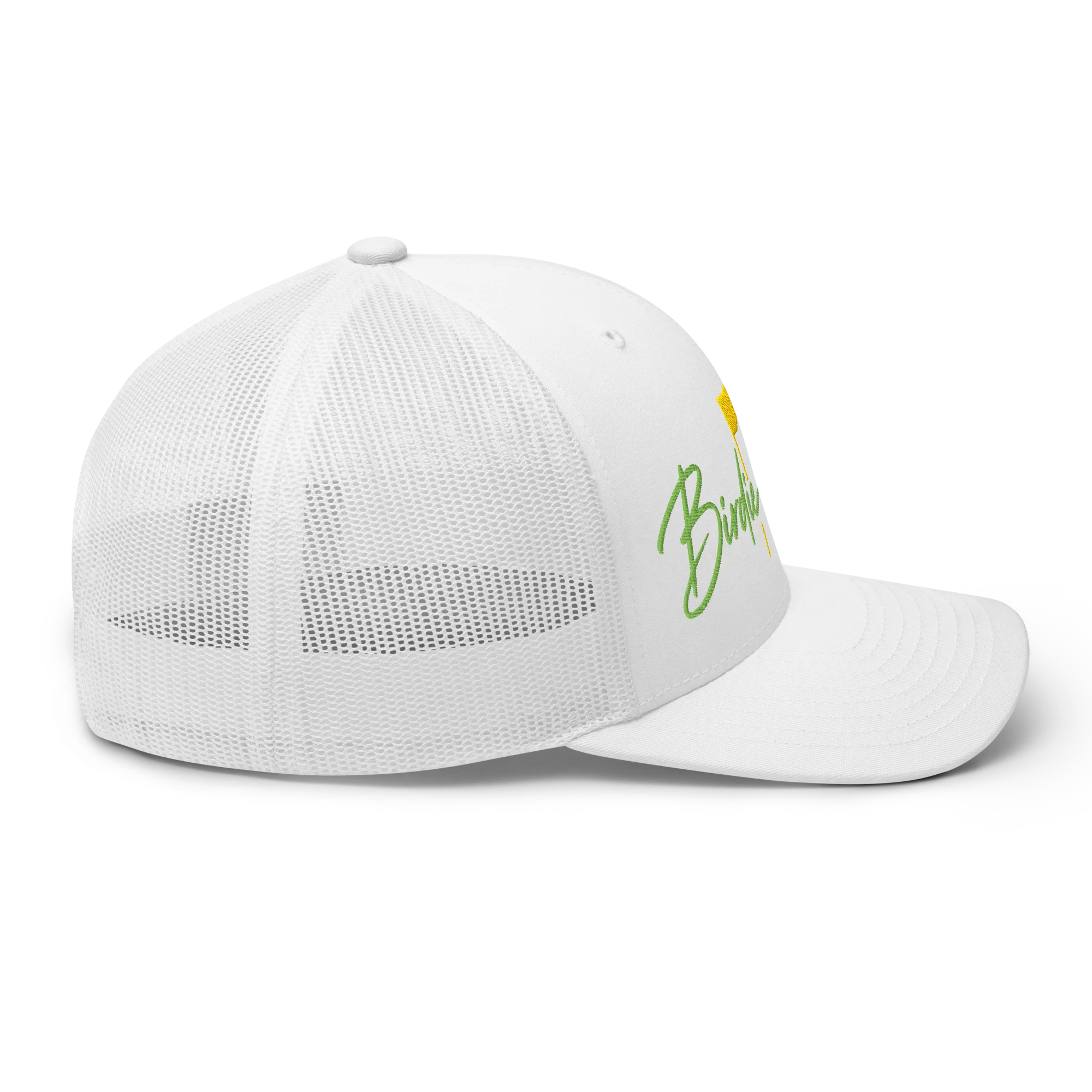 Birdie National white trucker hat with breathable mesh back and green embroidered logo on the side panel.