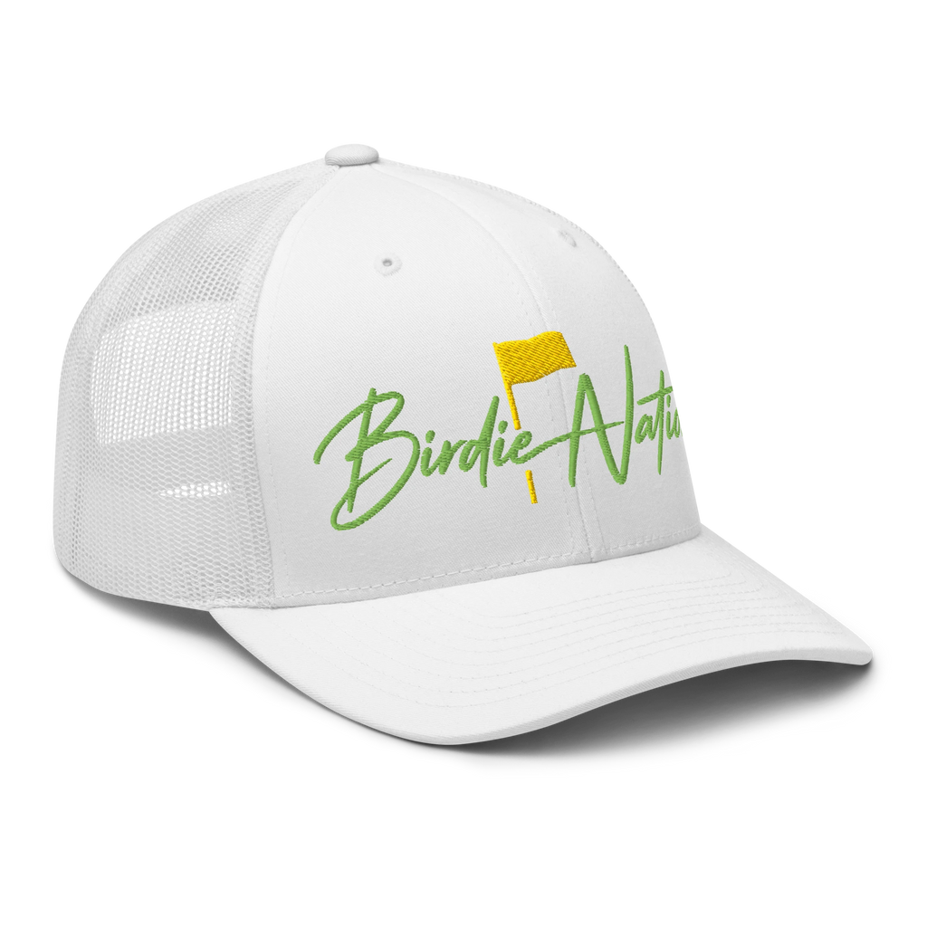 Birdie National white trucker hat with breathable mesh back and green and yellow embroidered golf flag logo